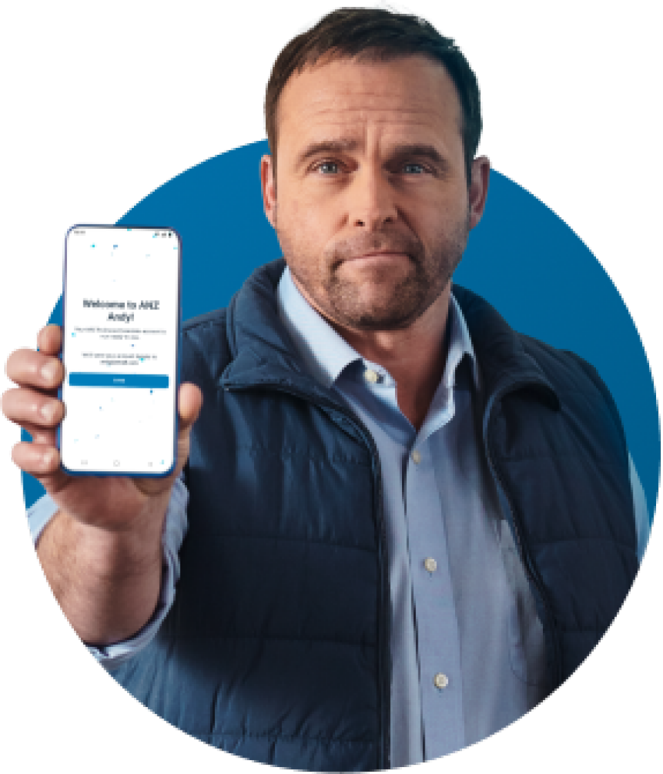 Andy showing mobile device with ANZ App welcome screen