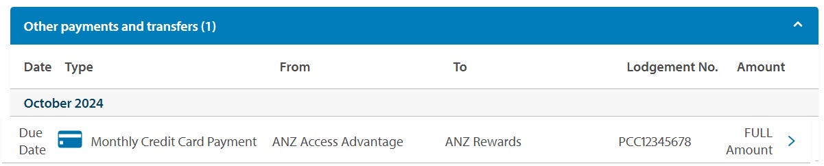 Pay ANZ Credit card Internet banking. October 2024. Date: Due date, Type: Monthly Credit Card Payment, From: ANZ Access Advantage, To: ANZ Rewards, Lodgement no.: PCC12345678 Amount: Full Amount.