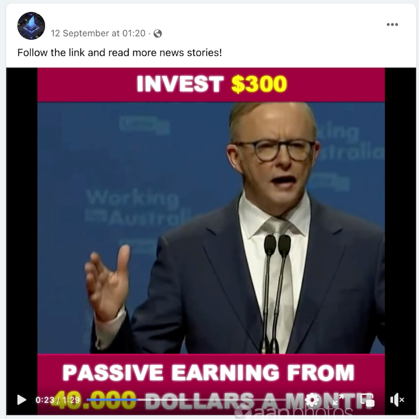 Screenshot from Facebook advertising a false investment scheme