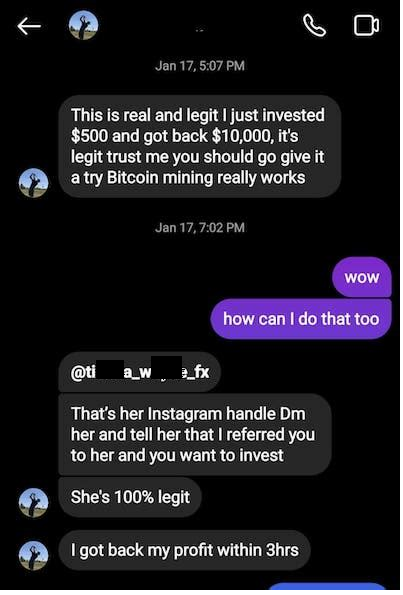 Screenshot from Instagram showing a scam message promoting unrealistic investment returns.