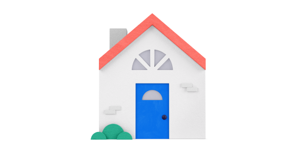 A gray house, red tiled roof and blue door.