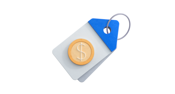 A grey and blue tag with a picture of a coin.