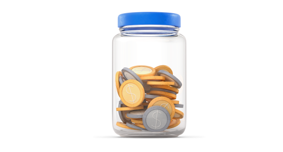A blue lidded glass jar containing coins.