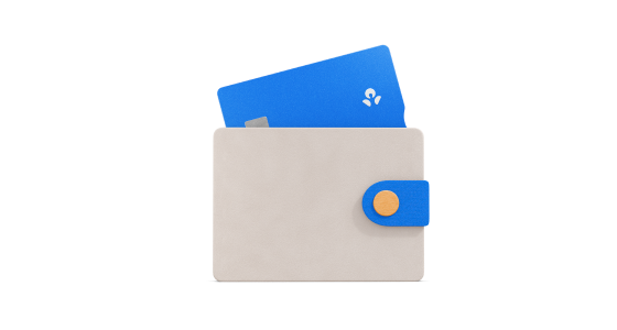 A blue ANZ Plus debit card is pulled out of a small grey wallet.