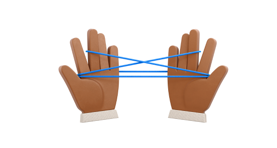 A blue string weaves through two hands.