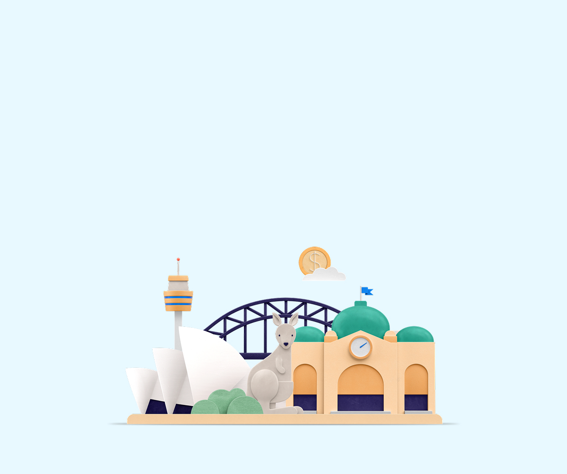 Famous Australian landmarks with a cloud with a coin on it.