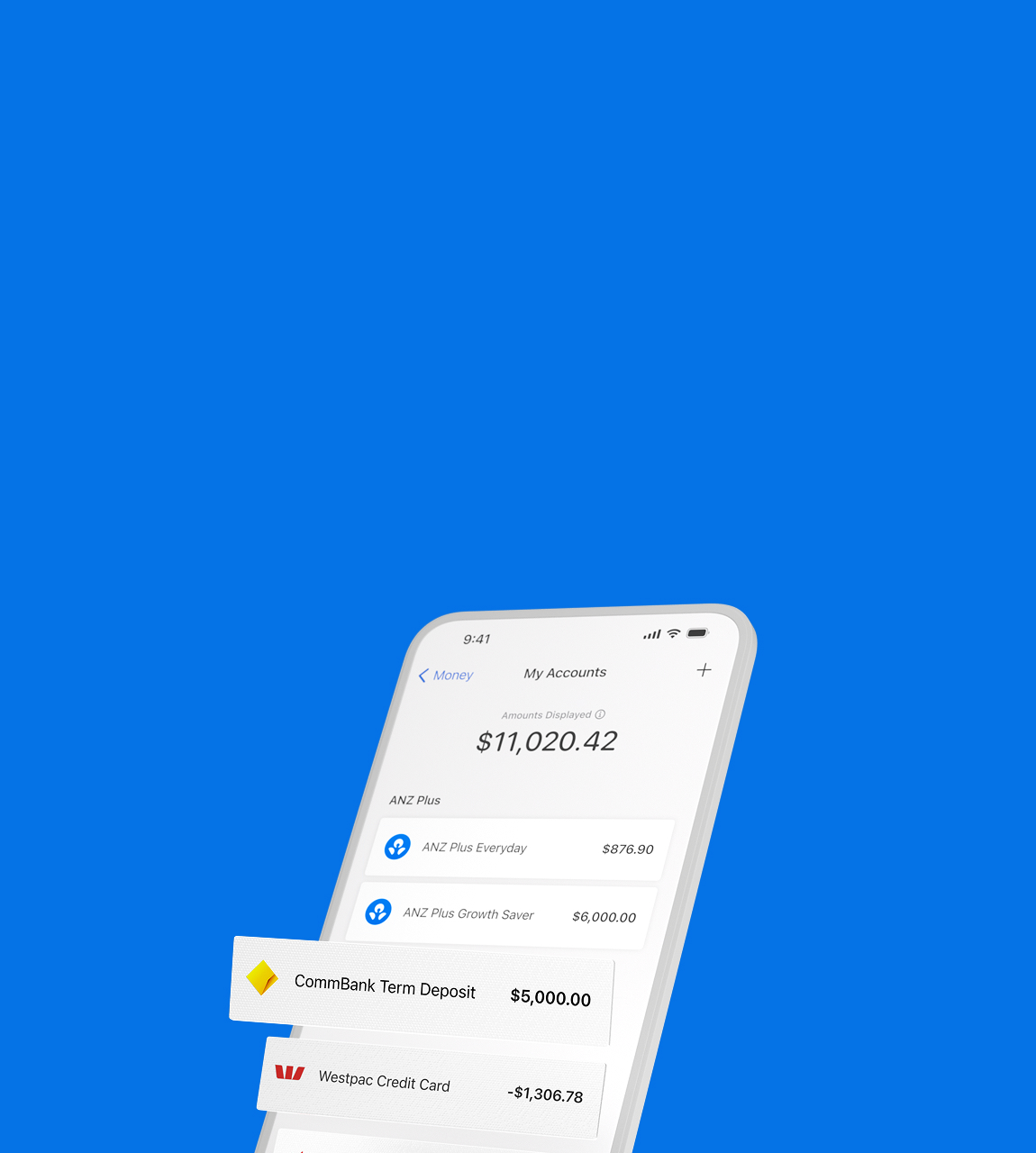 A phone displaying the My Accounts screen on the ANZ Plus App.